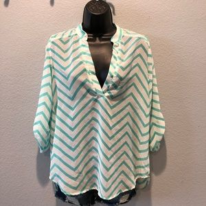 SOLD! Long Sleeve White/Aqua Chevron Top